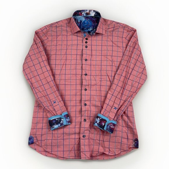Au Noir Mens Salmon Pink Shirt Plaid Pattern Contrasting Flip Cuff Size 3 Preppy - Picture 1 of 16